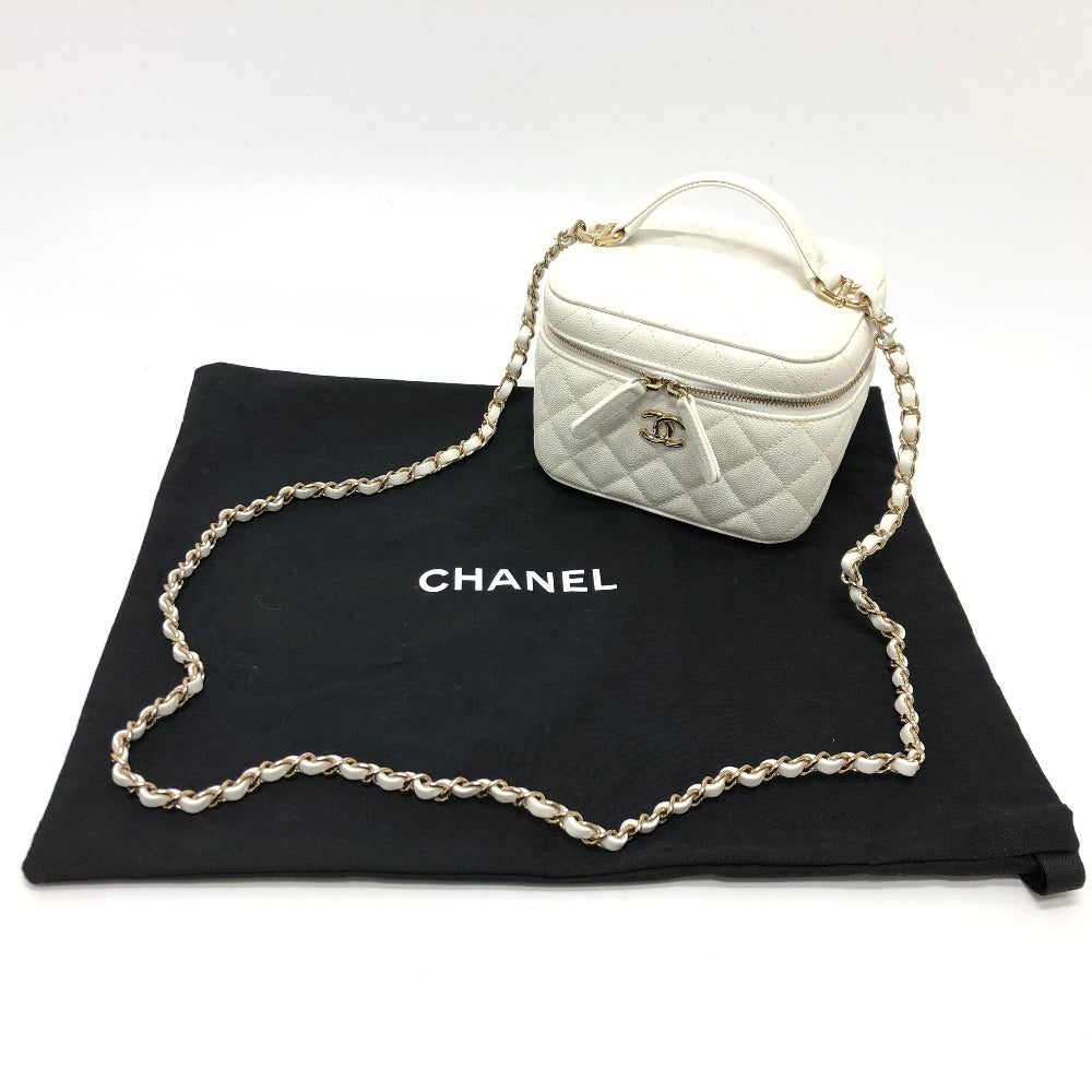 Chanel Shoulder Bag As3171 Caviar Skin White Coco Mark Cc Vanity Bag Women Used Authentic