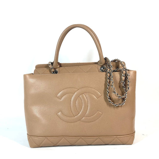 Chanel Tote Bag Caviar Skin Beige Cc Coco Mark Women Used Authentic