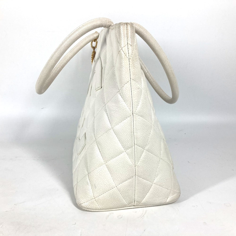 Chanel Tote Bag A01804 Caviar Skin White Quilting Matelasse Cc Coco Mark Replica Tote Women Used Authentic