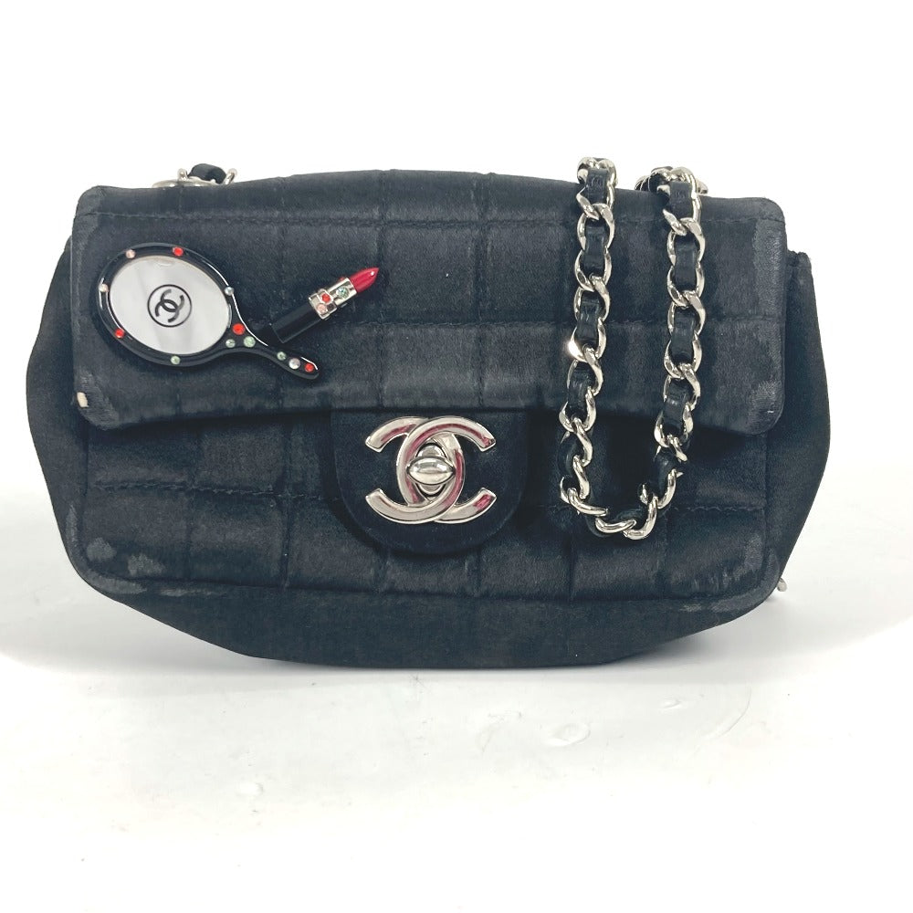 Chanel Shoulder Bag Satin Black Bag Pochette Lipstick Mirror Cc Coco Mark Women Used Authentic