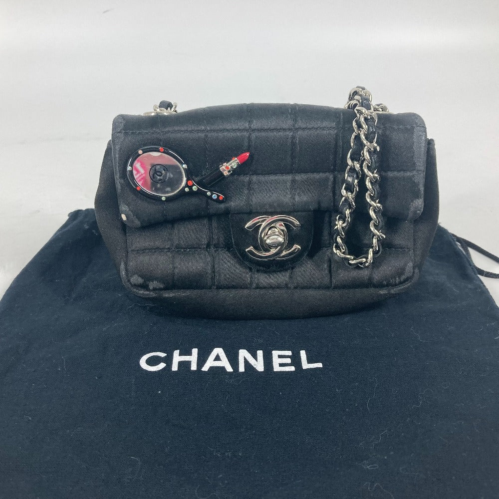 Chanel Shoulder Bag Satin Black Bag Pochette Lipstick Mirror Cc Coco Mark Women Used Authentic