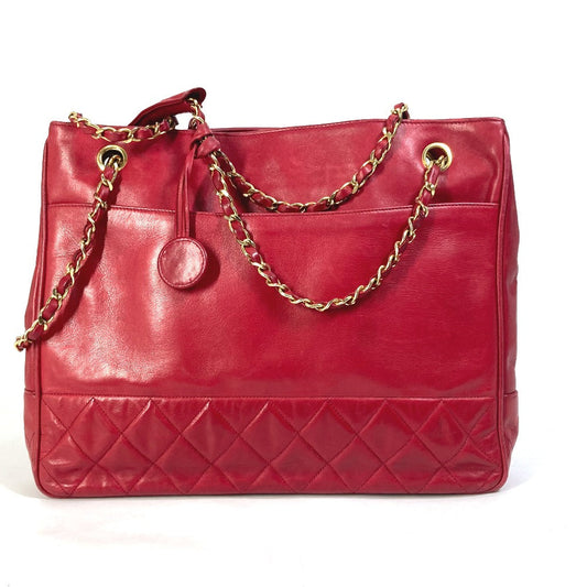 Chanel Shoulder Bag Leather Red Vintage Quilting Matelasse Women Used Authentic