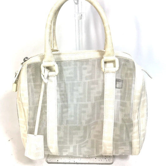 Fendi Boston Duffel Bag Leather White Handbag Bag Zucca Mesh Women Used Authentic