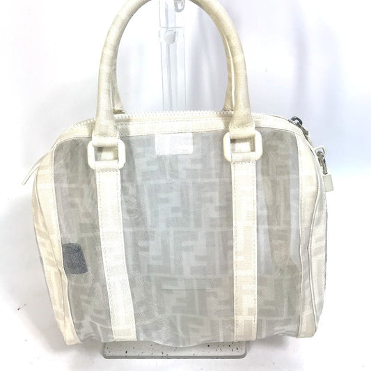 Fendi Boston Duffel Bag Leather White Handbag Bag Zucca Mesh Women Used Authentic