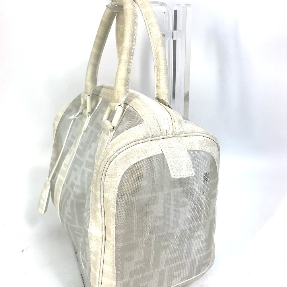 Fendi Boston Duffel Bag Leather White Handbag Bag Zucca Mesh Women Used Authentic