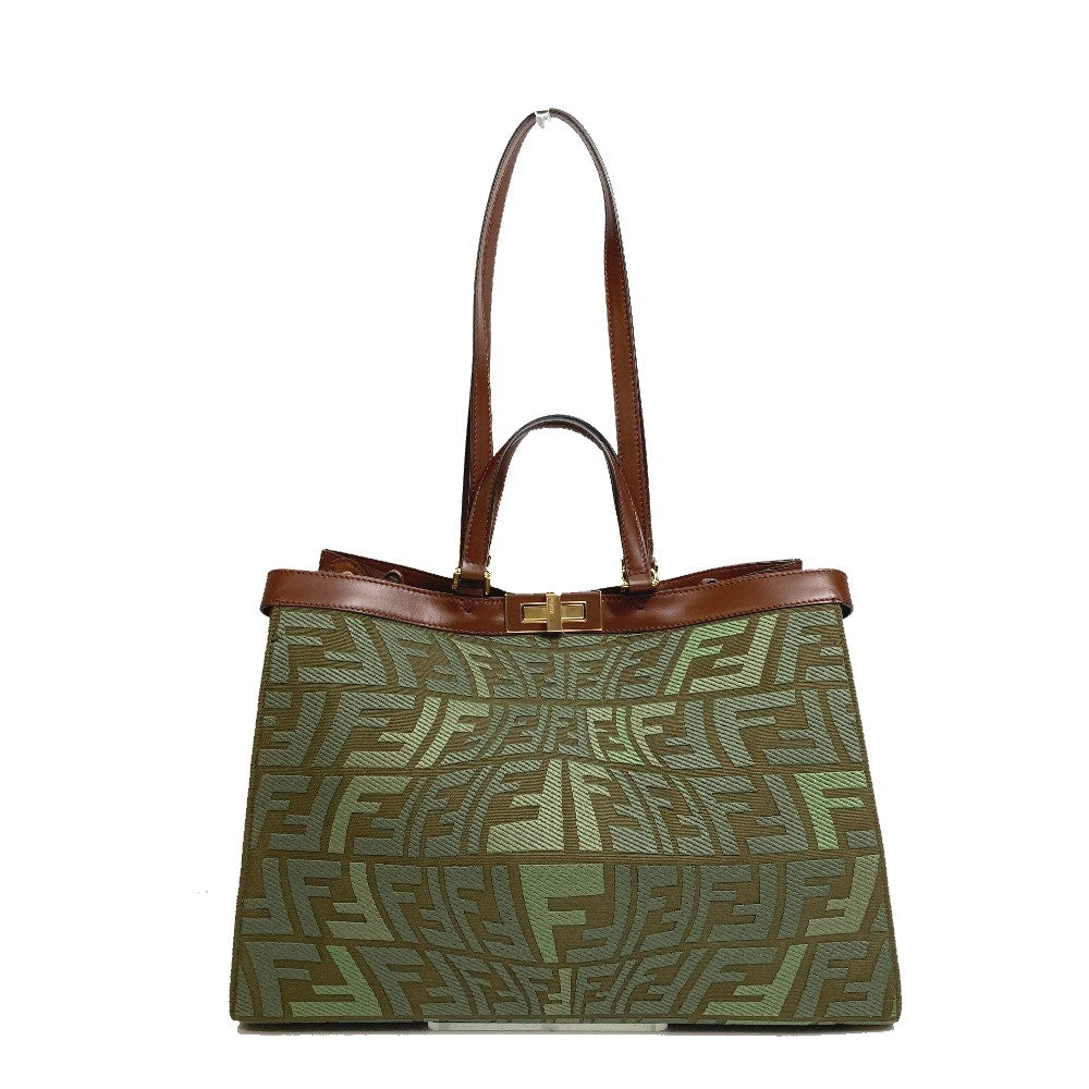 Fendi Tote Bag 8 Bh374 Cotton Green Ff Total Pattern Peekaboo X Tote Women Used Authentic