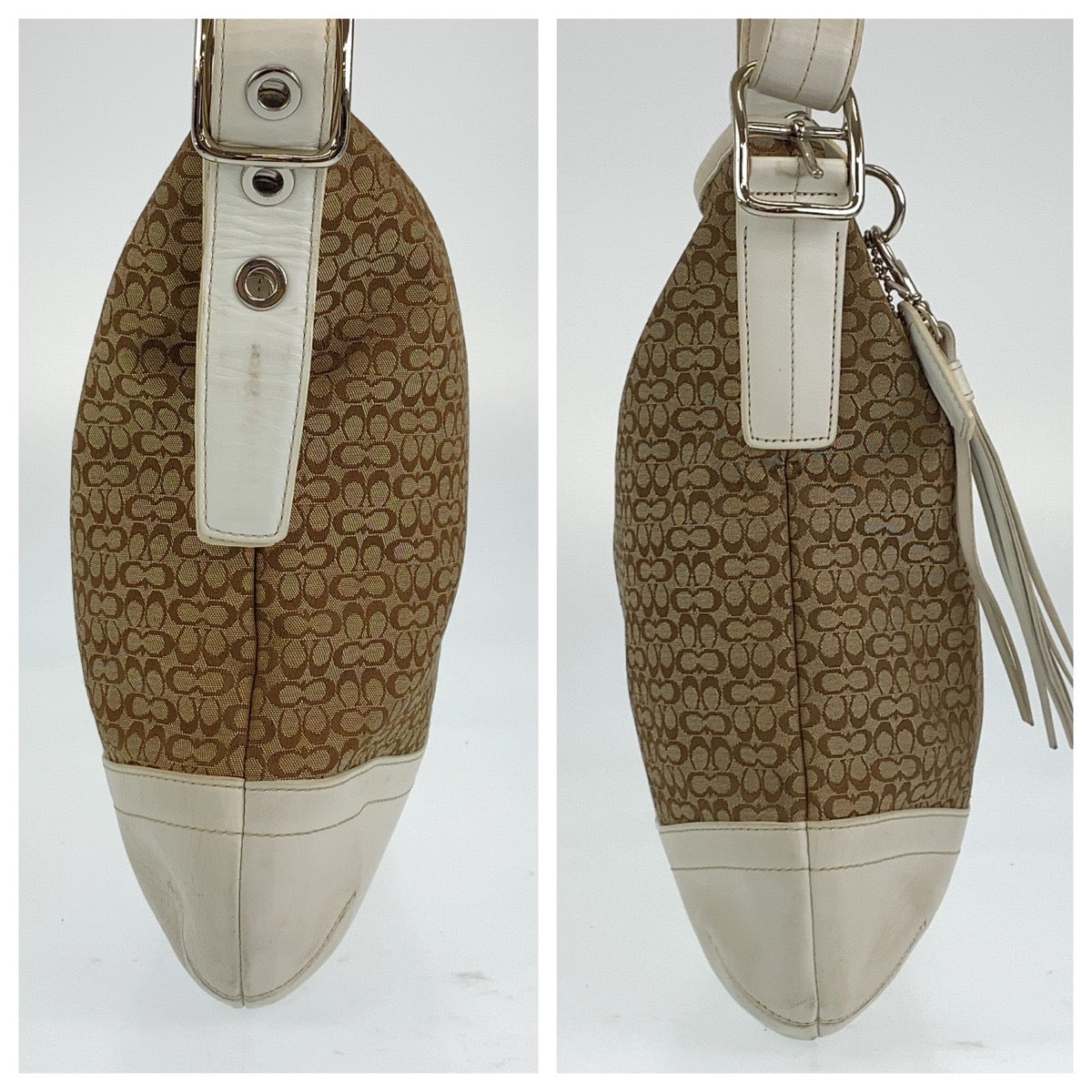 Coach Shoulder Bag Leather Beige Signature