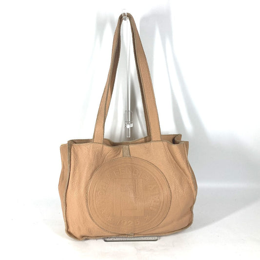 Fendi Tote Bag Leather Beige Vintage Big Logo Women Used Authentic