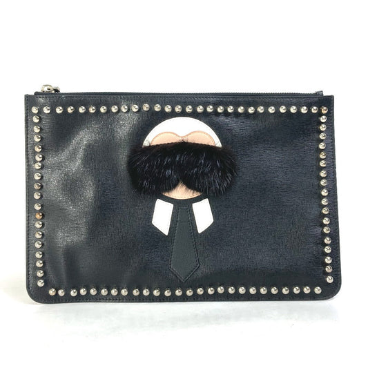 Fendi Clutch Bag Leather, Fur Black Studded Pouch Karl Lagerfeld Carlito