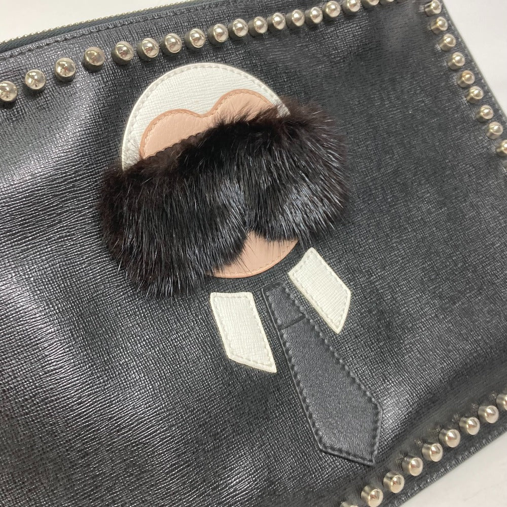 Fendi Clutch Bag Leather, Fur Black Studded Pouch Karl Lagerfeld Carlito