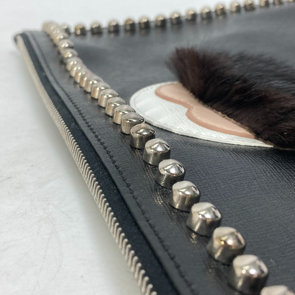 Fendi Clutch Bag Leather, Fur Black Studded Pouch Karl Lagerfeld Carlito