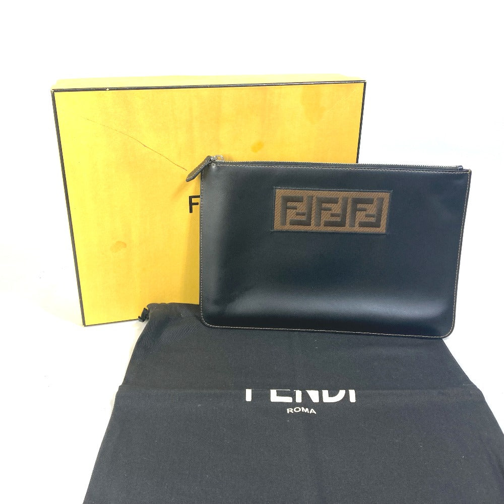 Fendi Clutch Bag 7 N0078 Leather Black Pouch Zucca Logo Mens Used Authentic