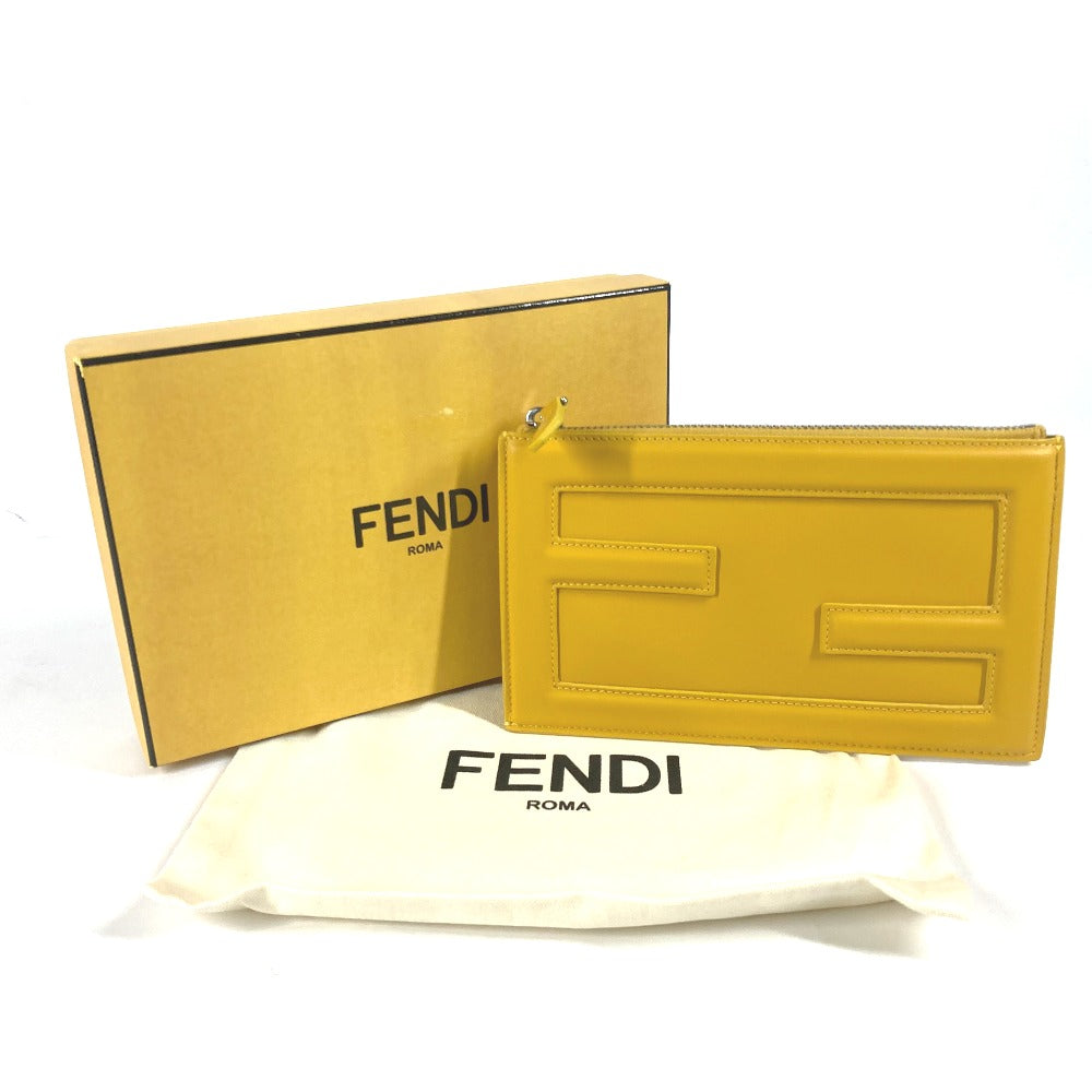 Fendi Clutch Bag 7 N0114 Leather Yellow Bag Logo Ff Logo Pouch Bucket Women Used Authentic