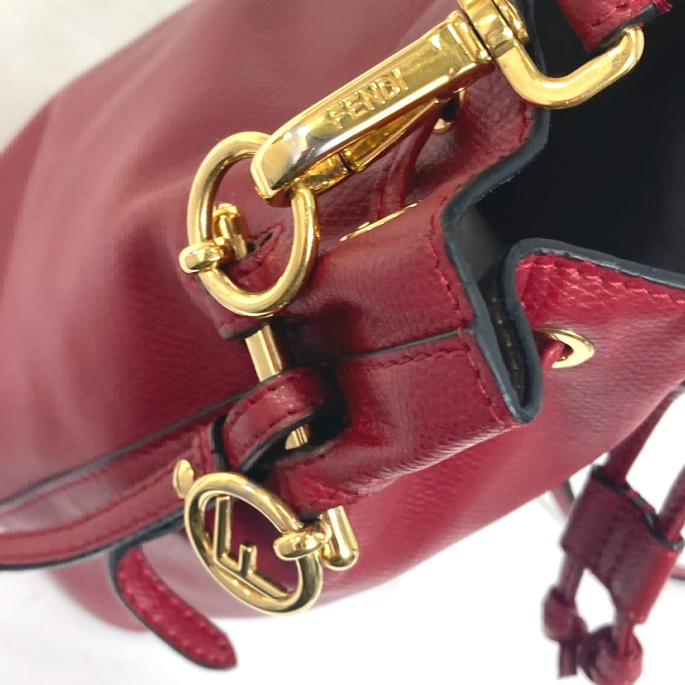 Fendi Shoulder Bag 8 Bs010 Leather Red Ff Metal Drawstring Bucket Mini Montresor Women Used Authentic