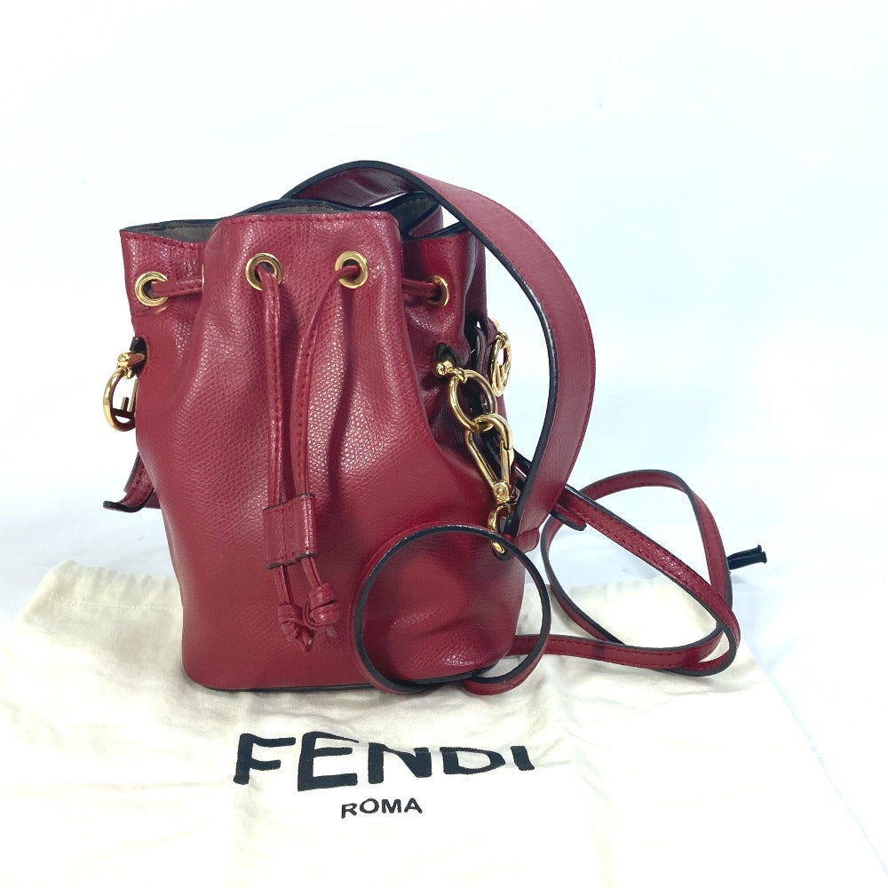 Fendi Shoulder Bag 8 Bs010 Leather Red Ff Metal Drawstring Bucket Mini Montresor Women Used Authentic