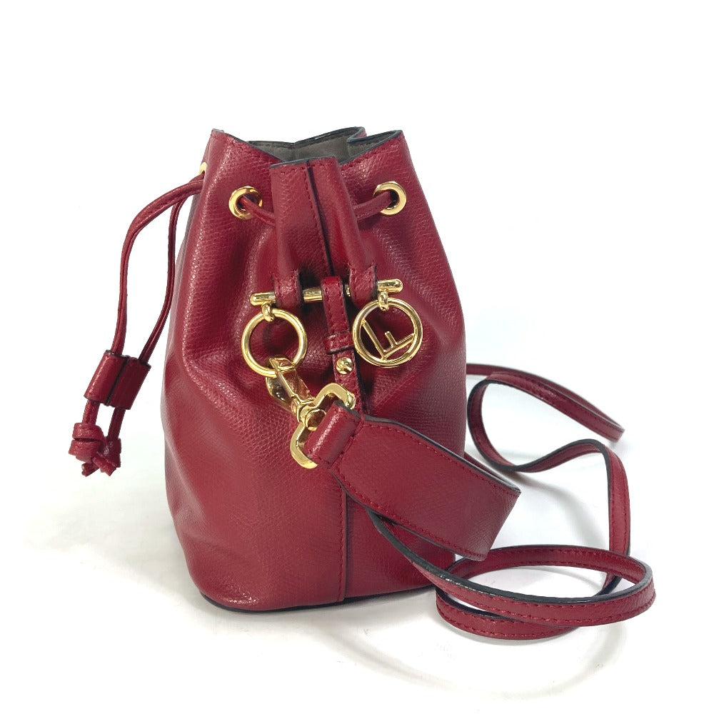 Fendi Shoulder Bag 8 Bs010 Leather Red Ff Metal Drawstring Bucket Mini Montresor Women Used Authentic