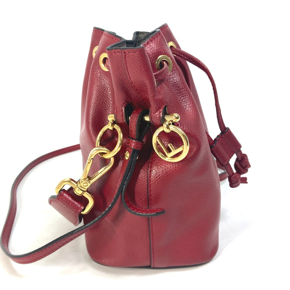 Fendi Shoulder Bag 8 Bs010 Leather Red Ff Metal Drawstring Bucket Mini Montresor Women Used Authentic