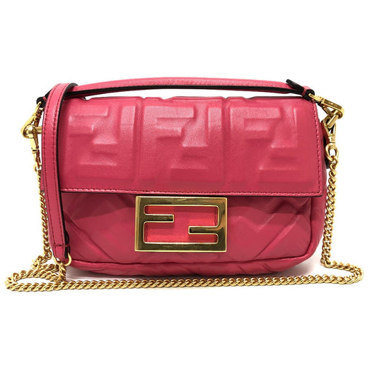 Fendi Shoulder Bag 8 Bs017 Lambskin Pink Ff Baguette Small Women Used Authentic