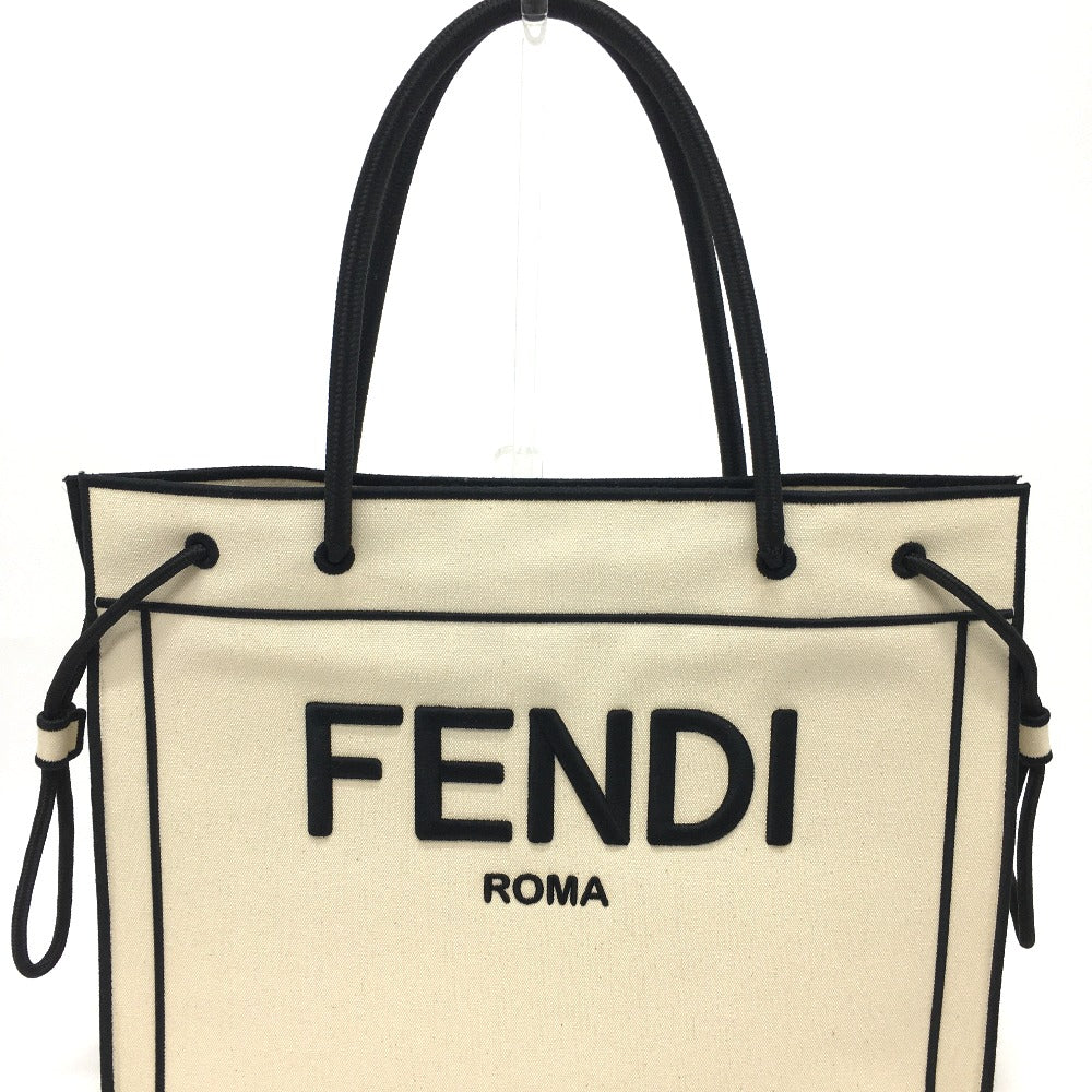 Fendi Tote Bag 8 Bh379 Canvas Beige X Black Logo Rome Shopper Women Used Authentic