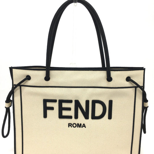 Fendi Tote Bag 8 Bh379 Canvas Beige X Black Logo Rome Shopper Women Used Authentic