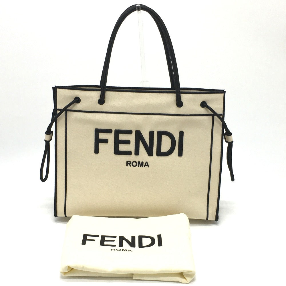 Fendi Tote Bag 8 Bh379 Canvas Beige X Black Logo Rome Shopper Women Used Authentic