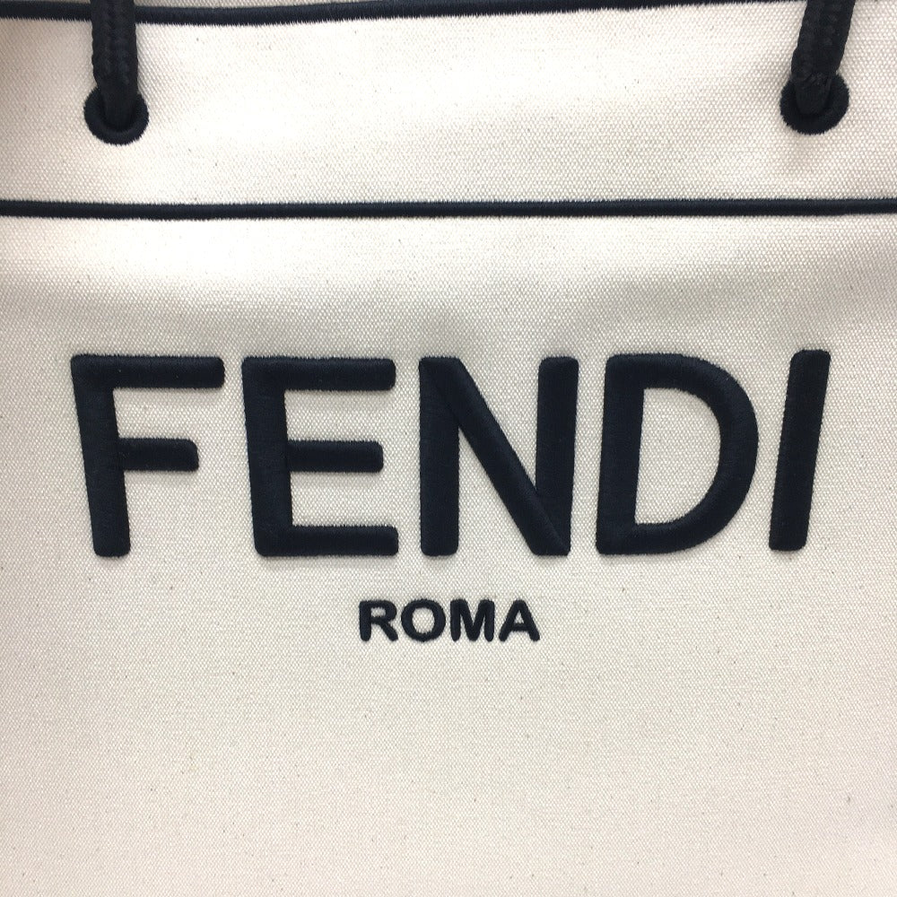 Fendi Tote Bag 8 Bh379 Canvas Beige X Black Logo Rome Shopper Women Used Authentic