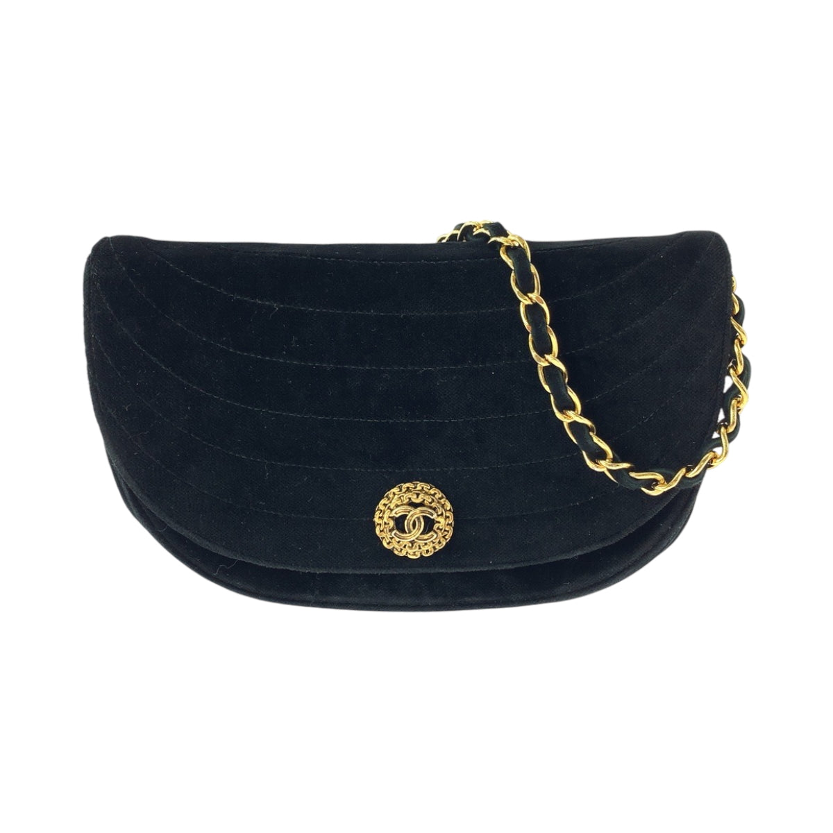 Chanel Shoulder Bag Velor Black Gold Metal Chain Shoulder Bag Pochette Border Stitch Half Moon Coco Mark Women Used Authentic