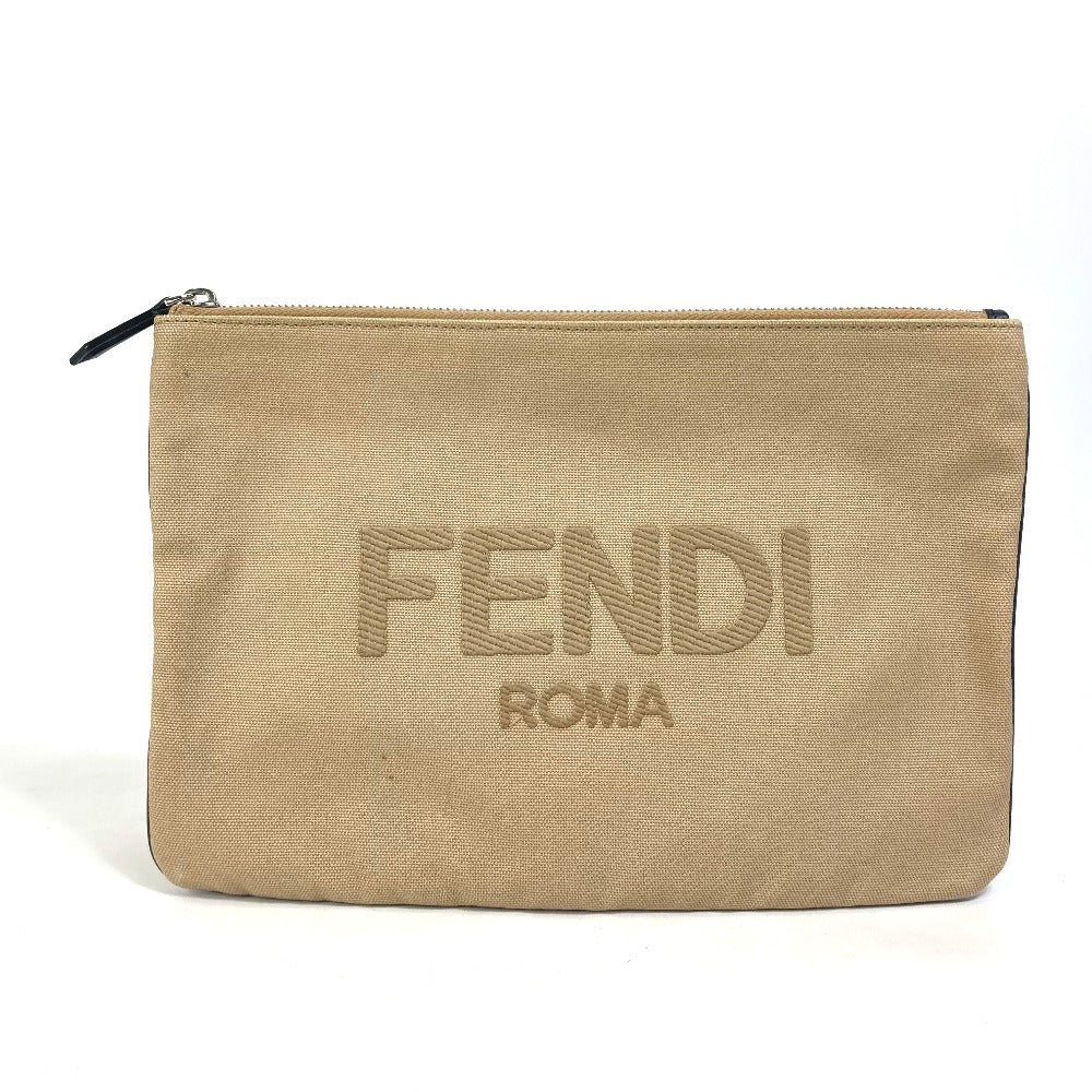 Fendi Clutch Bag Canvas Beige Pouch Logo Women Used Authentic