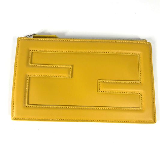 Fendi Clutch Bag 7 N0114 Leather Yellow Logo Women Used Authentic