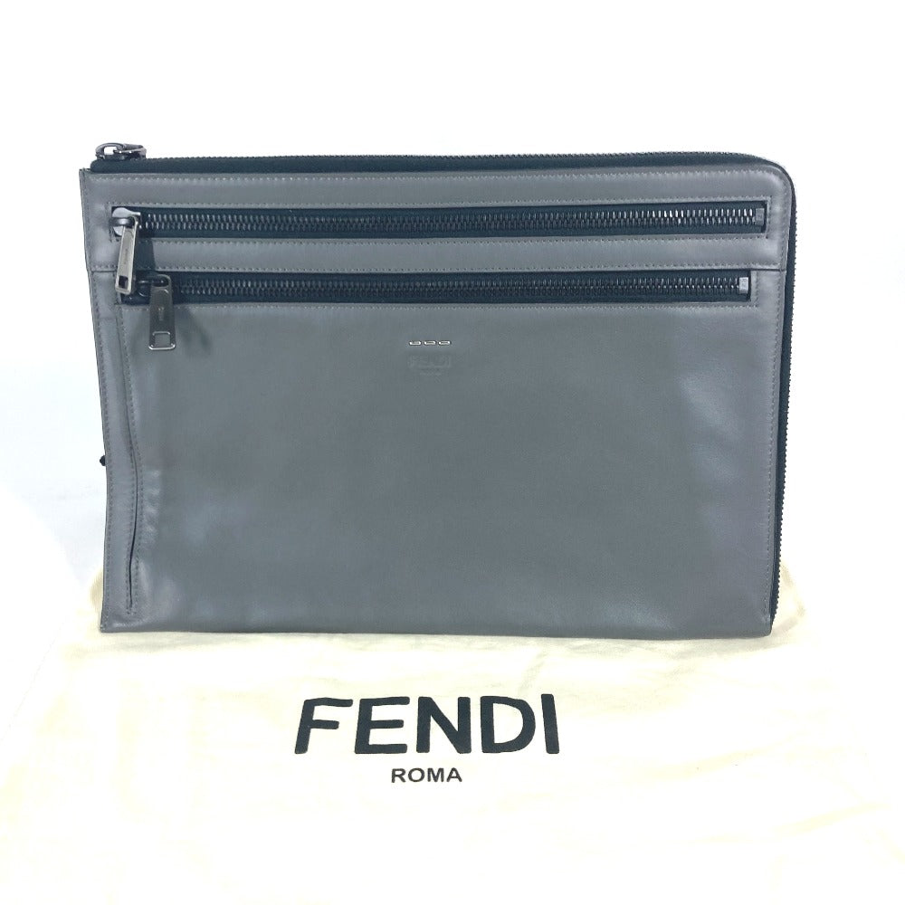 Fendi Clutch Bag 7 M0237 Leather Gray Zip Mens Used Authentic