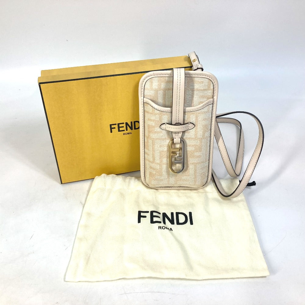 Fendi Pouch 7 As131 Viscose/Leather Beige Smartphone Case Zucca Logo Phone Pouch, Smartphone Pouch Women Used Authentic