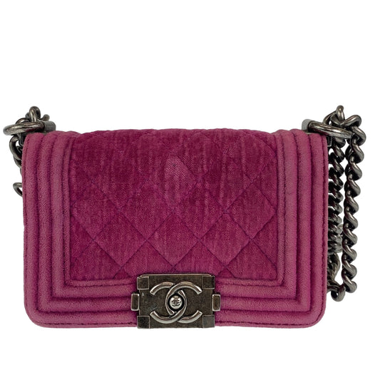 Chanel Shoulder Bag Velour, Leather Pink Gunmetal Metal Chain Shoulder Bag Pochette Mini Boy Chanel Matelasse Women Used Authentic