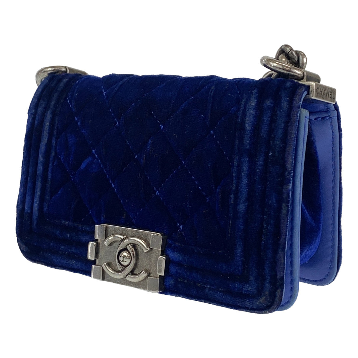 Chanel Shoulder Bag Velour, Leather Blue Gunmetal Shoulder Bag Handbag Pochette Mini Boy Chanel Matelasse Women Used Authentic