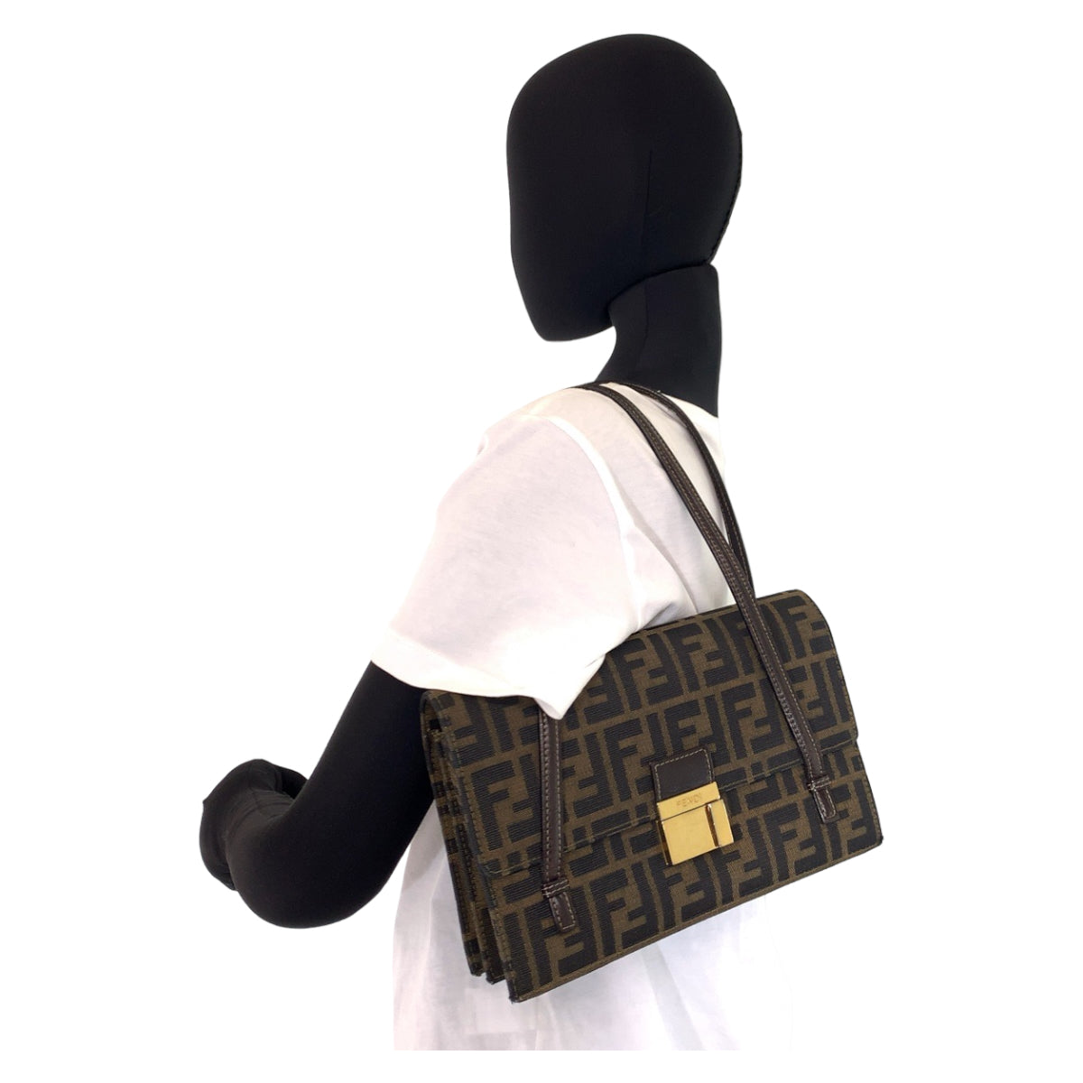 Fendi Shoulder Bag Canvas Brown Gold Metal Shoulder Bag Handbag Zucca Pattern Women Used Authentic