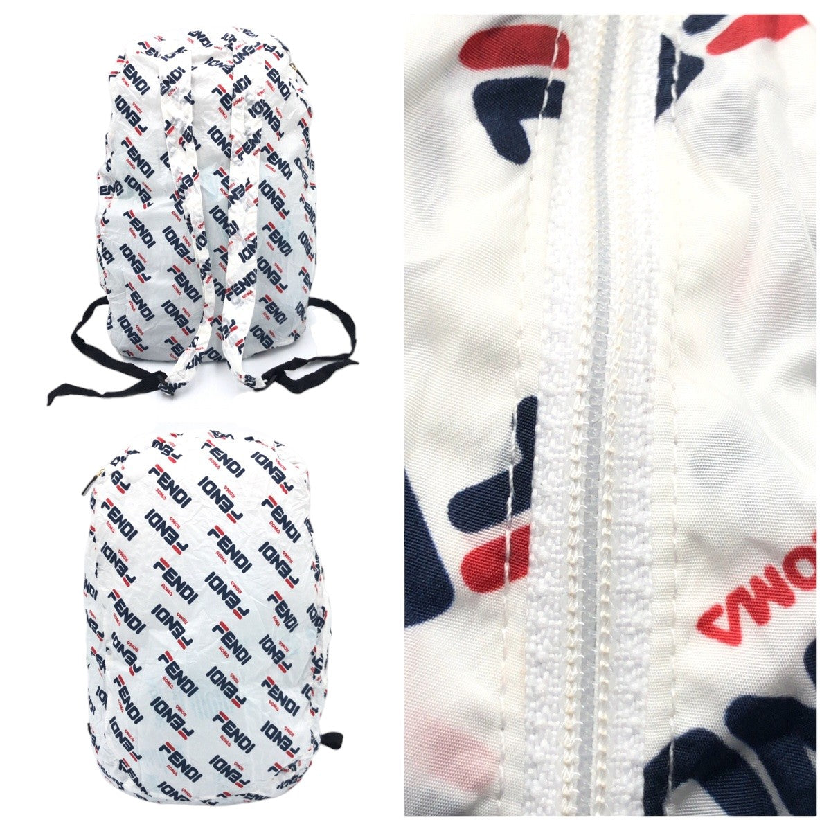 Fendi Backpack Nylon White Foldable Backpack Eco Bag Unisex Fila Collaboration With Porch Women Used Authentic