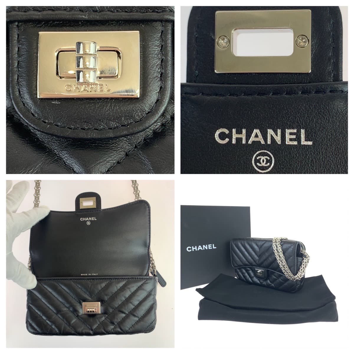 Chanel Shoulder Bag Lambskin Black Silver Metal Shoulder Bag Crossbody Chevron Vstitch Turn Lock Women Used Authentic