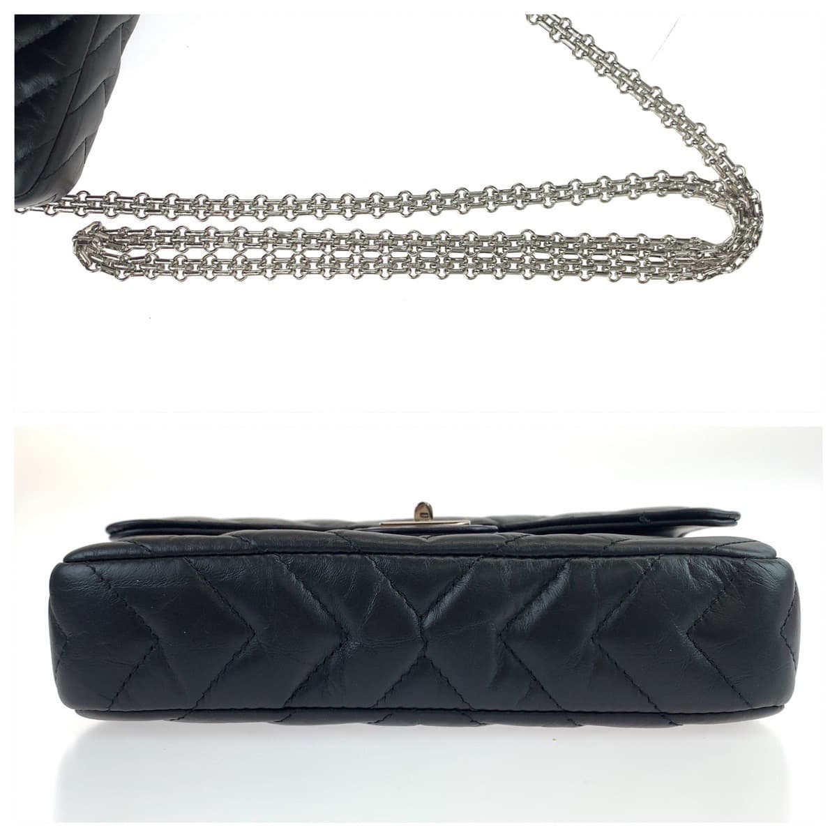 Chanel Shoulder Bag Lambskin Black Silver Metal Shoulder Bag Crossbody Chevron Vstitch Turn Lock Women Used Authentic