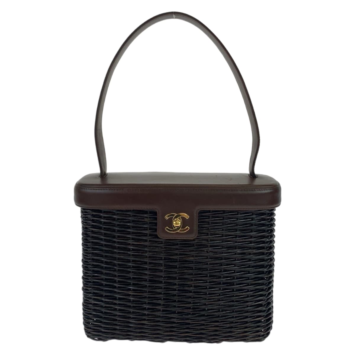 Chanel Handbag Straw, Lambskin Dark Brown Gold Metal Handbag Basket Bag Rattan Coco Mark Women Used Authentic