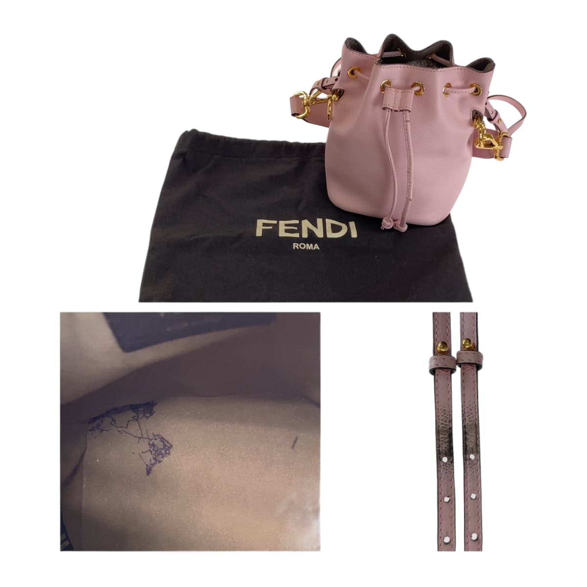 Fendi Shoulder Bag Leather Pink Gold Metal Handbag Crossbody Shoulder Bag 2 Way Mini Handbag Montrezor Women Used Authentic