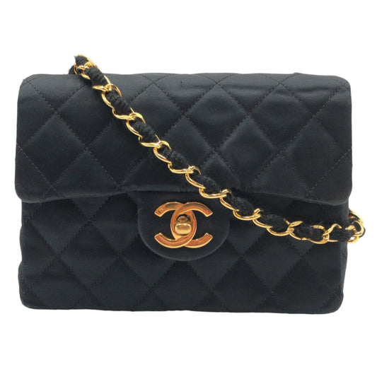 Chanel Shoulder Bag Satin Black Gold Metal Crossbody Shoulder Bag Mini Matrasse Coco Mark Turnlock Women Used Authentic