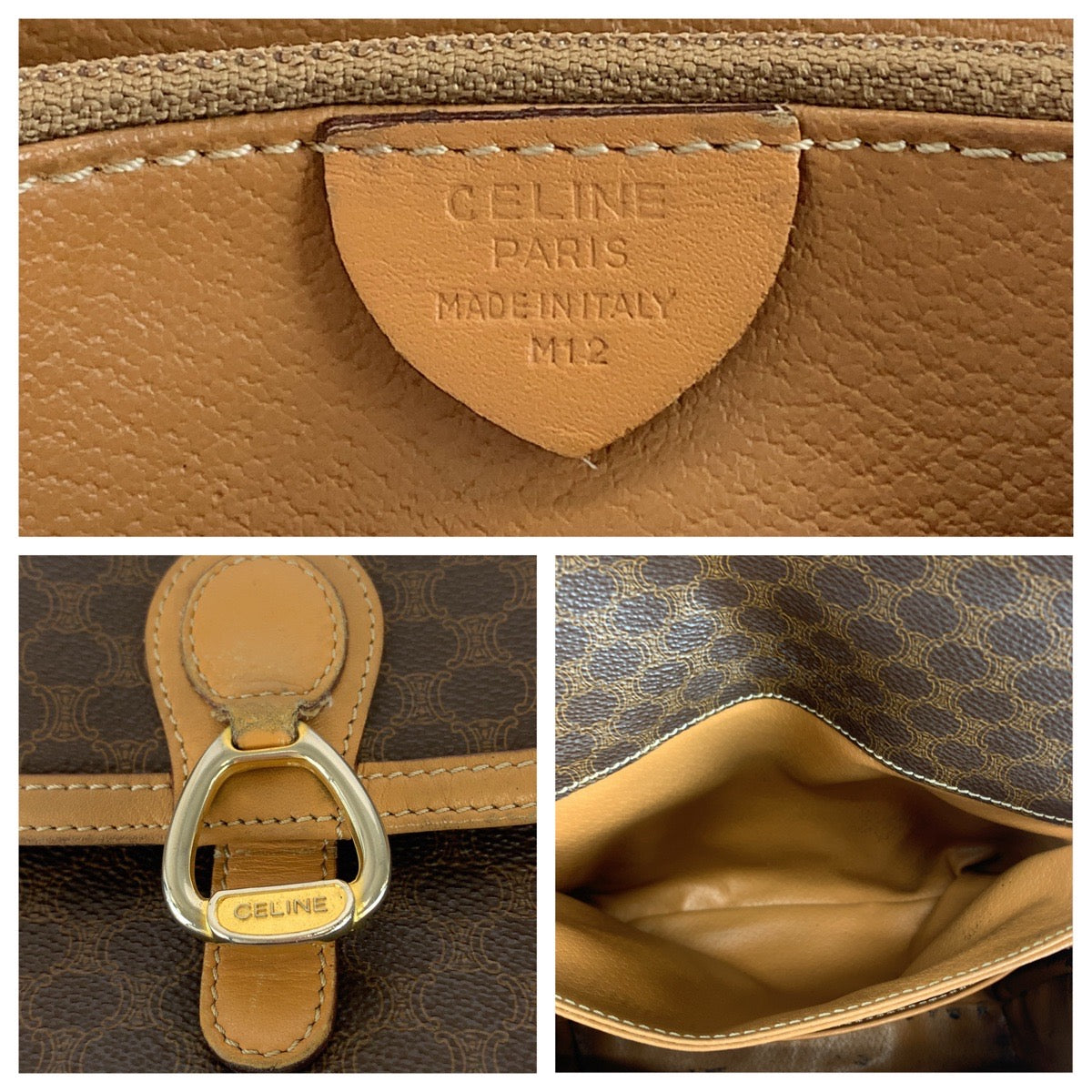 Celine Shoulder Bag Pvc, Leather Brown Gold Metal Crossbody Shoulder Bag Pochette Macadam Pattern Women Used Authentic