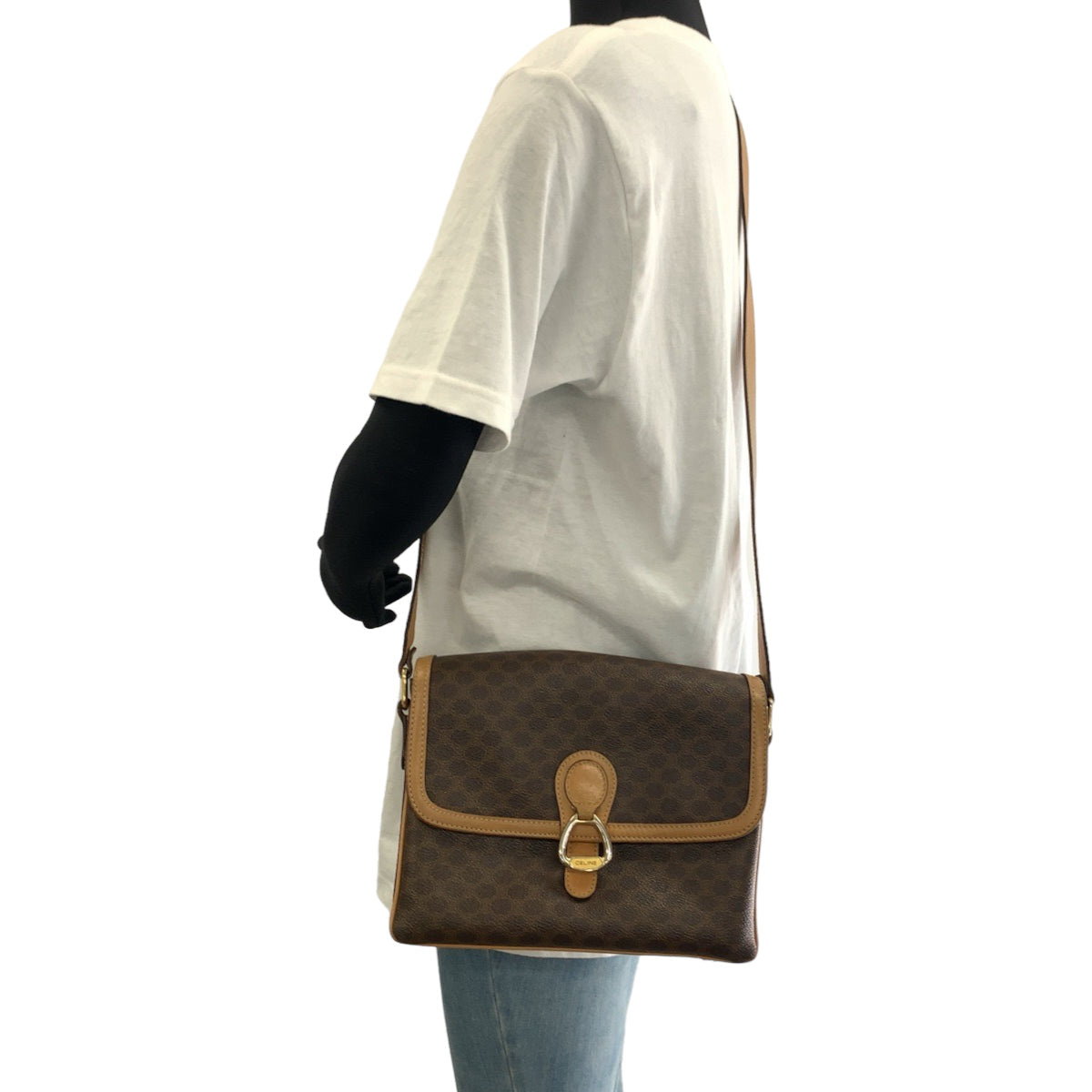 Celine Shoulder Bag Pvc, Leather Brown Gold Metal Crossbody Shoulder Bag Pochette Macadam Pattern Women Used Authentic