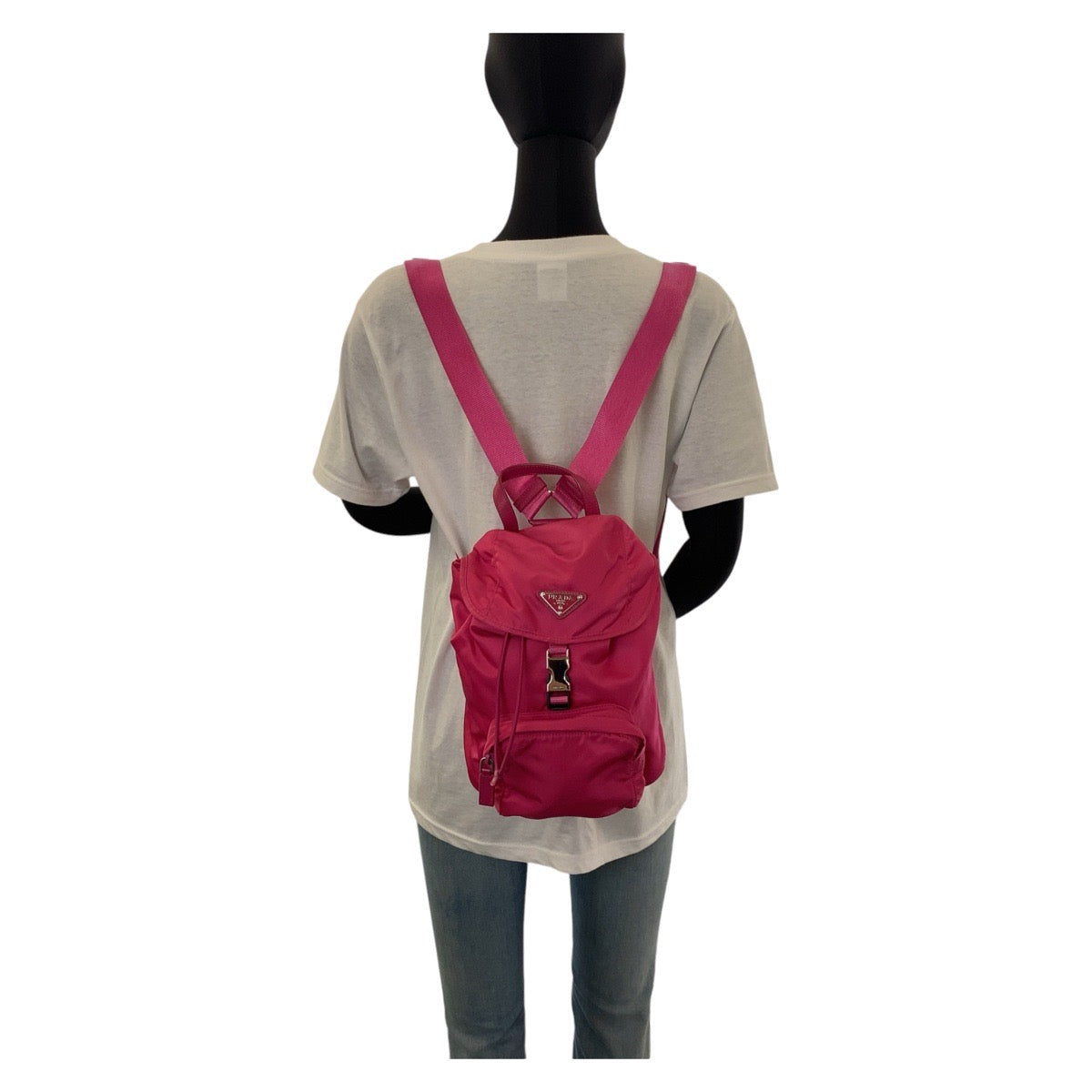 Prada Backpack Nylon Pink Silver Metal Backpack Test Triangle With Logo Women Used Authentic