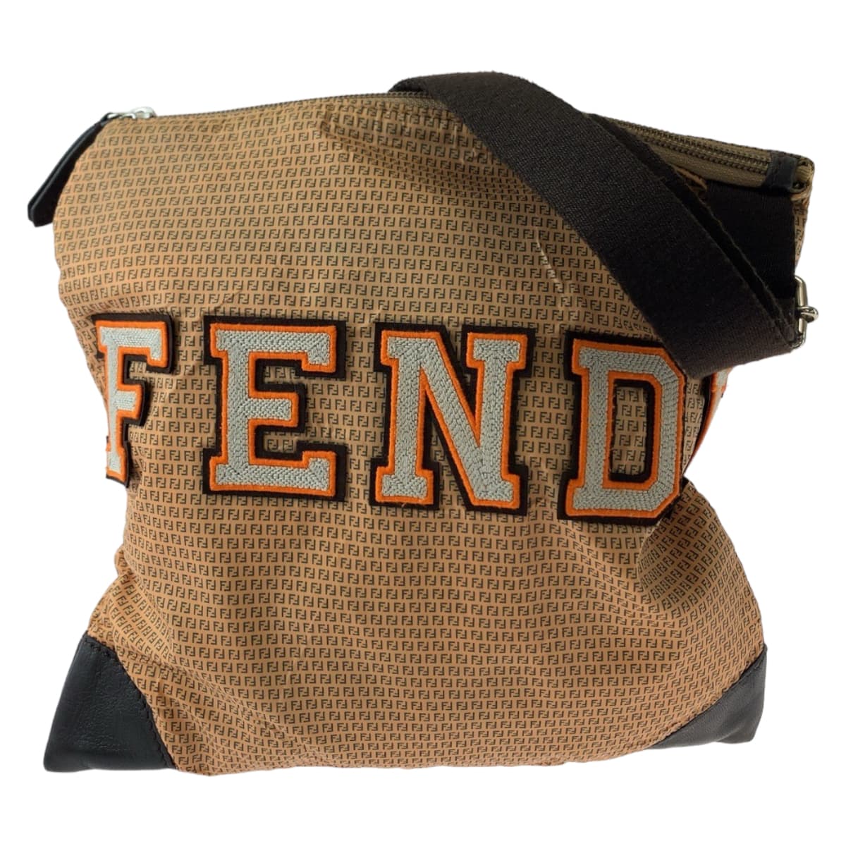 Fendi Shoulder Bag 8 Bti84 Nylon Brown Orange Silver Metal Shoulder Bag Crossbody Pochette Zucchino Pattern Women Used Authentic