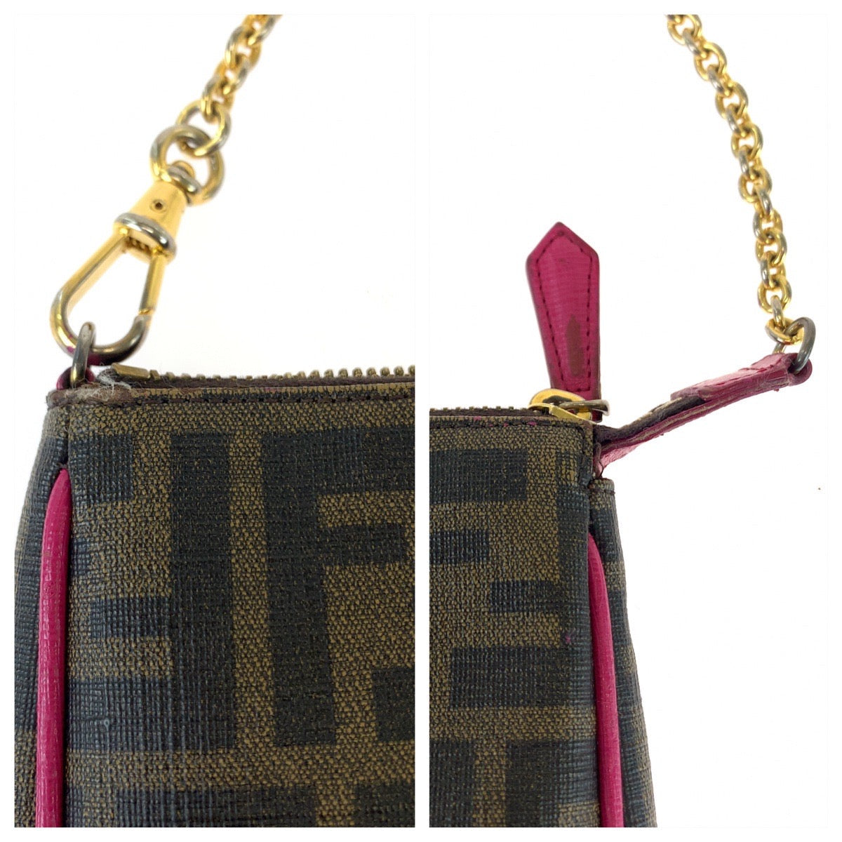 Fendi Handbag 8 M0271 Grp Leather Brown Pink Gold Metal Chain Handbag Accessory Pouch Zucca Pattern Women Used Authentic