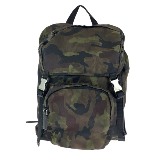 Prada Backpack V135 Nylon Khaki Multicolor Silver Metal Backpack Bag Pack Test Camouflage Camouflage Pattern Triangle With Logo Women Used Authentic