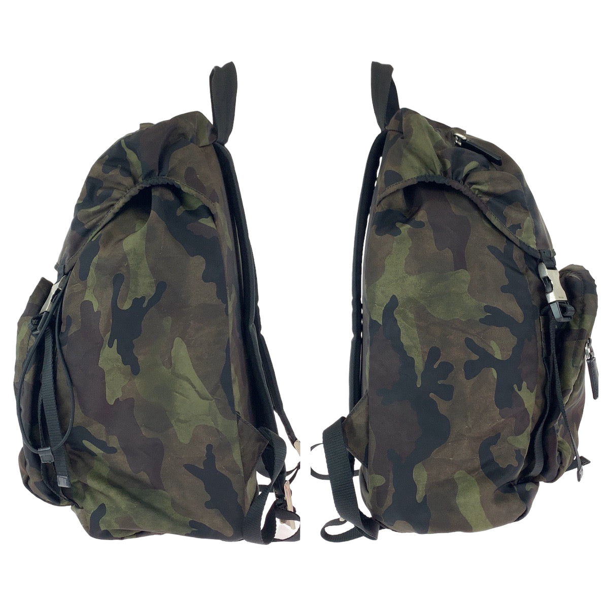 Prada Backpack V135 Nylon Khaki Multicolor Silver Metal Backpack Bag Pack Test Camouflage Camouflage Pattern Triangle With Logo Women Used Authentic