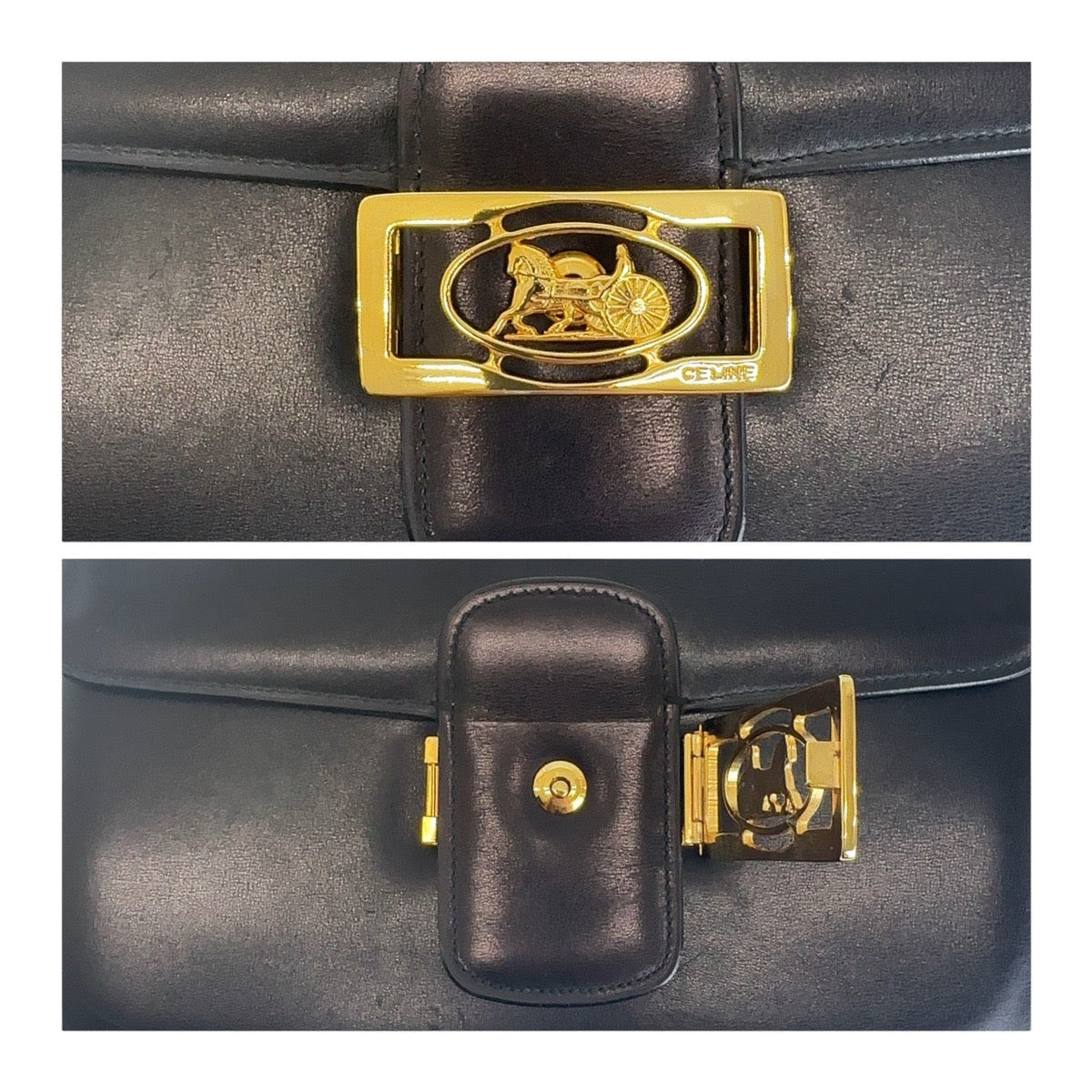 Celine Shoulder Bag Leather Black Gold Metal Shoulder Bag Handbag Carriage Metal Horse Carriage Women Used Authentic