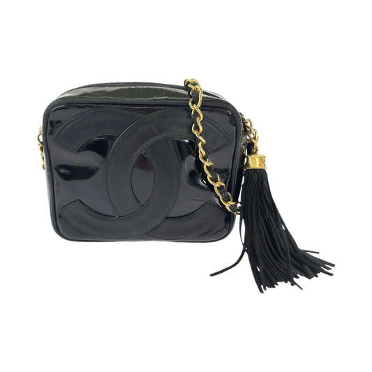 Chanel Shoulder Bag Patent Leather Black Gold Metal Chain Shoulder Bag Pochette Camera Bag Big Coco Mark Tassel Fringe Women Used Authentic