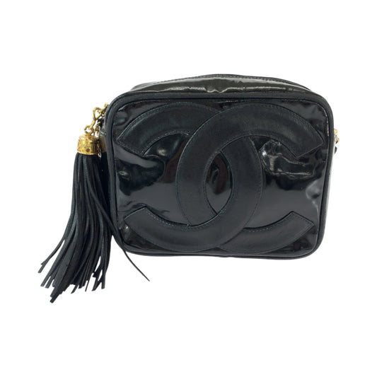 Chanel Shoulder Bag Patent Leather Black Gold Metal Chain Shoulder Bag Pochette Camera Bag Big Coco Mark Tassel Fringe Women Used Authentic